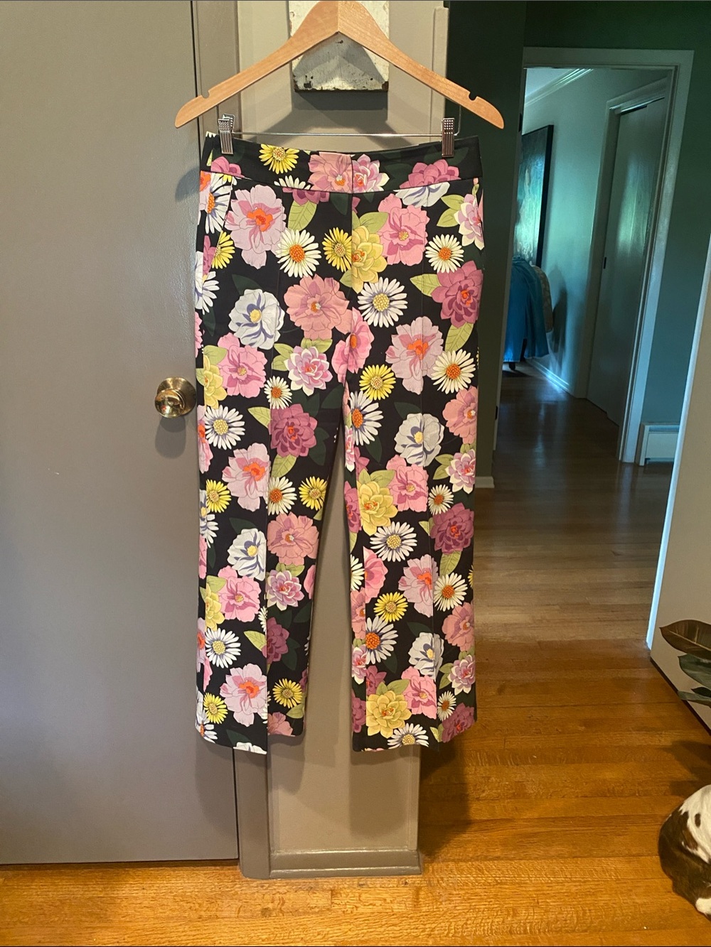Black Floral Boot-Cut Pants with Pink & Yellow Blooms